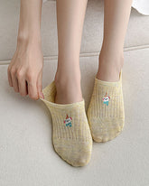 5-Pack Women No Show Socks Cartoon Embroidery Invisible Liner Non Slip Socks